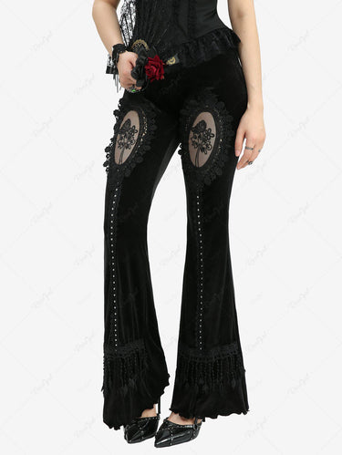 Gothic Rose Flower Mesh Applique Rivet Lace Trim Velvet Tassel Flare Pants
