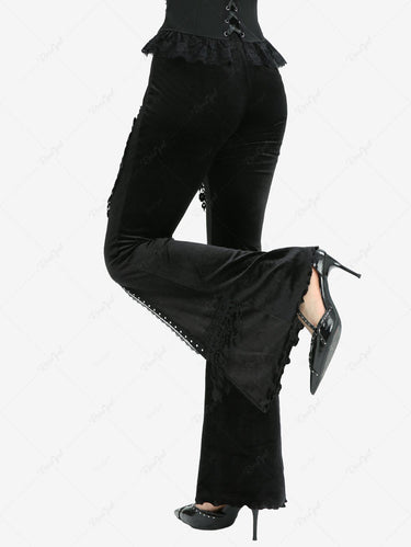 Gothic Rose Flower Mesh Applique Rivet Lace Trim Velvet Tassel Flare Pants