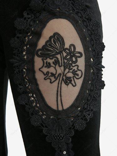 Gothic Rose Flower Mesh Applique Rivet Lace Trim Velvet Tassel Flare Pants