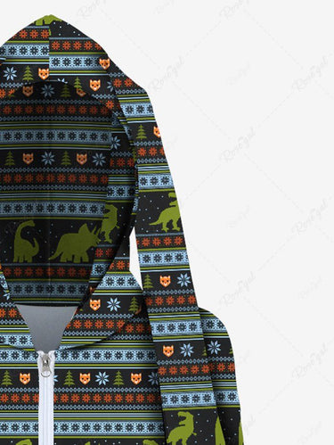 Gothic Dinosaur Striped Print Full Zipper Pocket Rabbit Ear Long Sleeves Hoodie