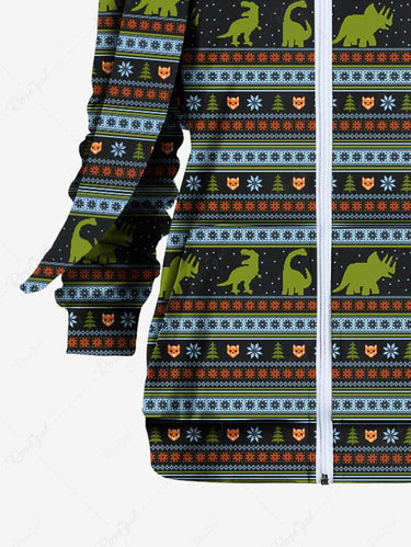 Gothic Dinosaur Striped Print Full Zipper Pocket Rabbit Ear Long Sleeves Hoodie