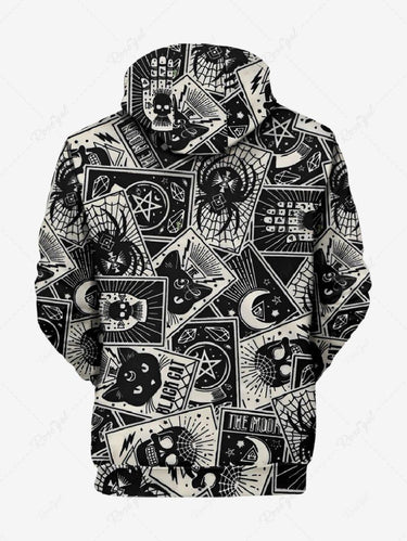 Gothic Plus Size Skull Spider Web Cat Tarot Moon Print Pocket Drawstring Pullover Long Sleeves Hoodie For Men