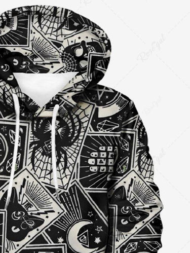 Gothic Plus Size Skull Spider Web Cat Tarot Moon Print Pocket Drawstring Pullover Long Sleeves Hoodie For Men