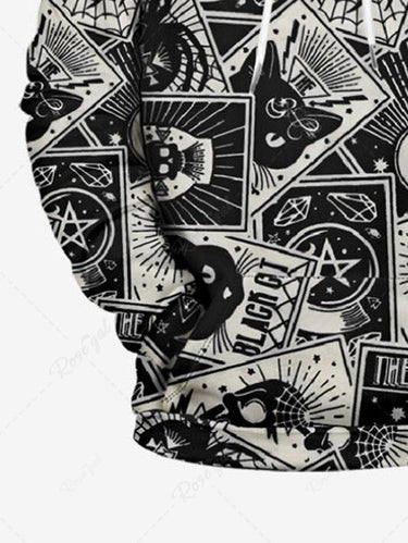 Gothic Plus Size Skull Spider Web Cat Tarot Moon Print Pocket Drawstring Pullover Long Sleeves Hoodie For Men