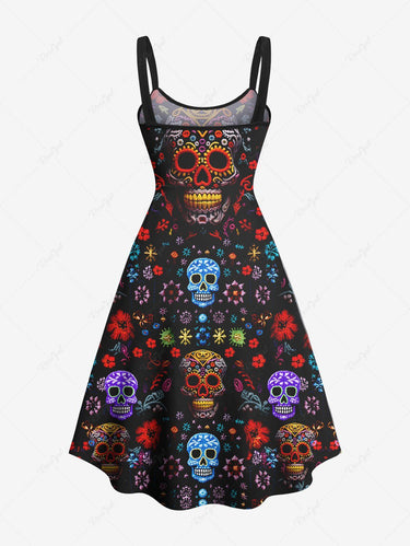 Gothic Plus Size Colorful Floral Skull Print A Line Tank Dress