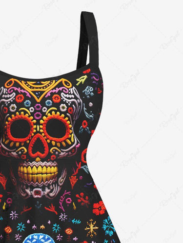 Gothic Plus Size Colorful Floral Skull Print A Line Tank Dress