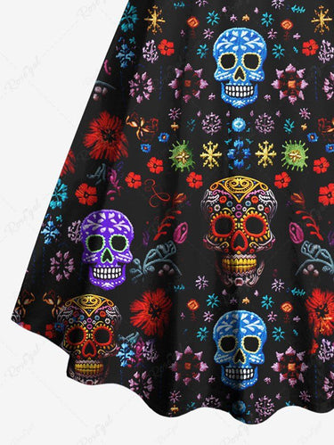 Gothic Plus Size Colorful Floral Skull Print A Line Tank Dress