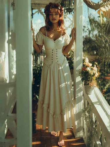 Gothic Puff Sleeves Cold Shoulder Lace Up Solid Ruffles A Line Maxi Dress