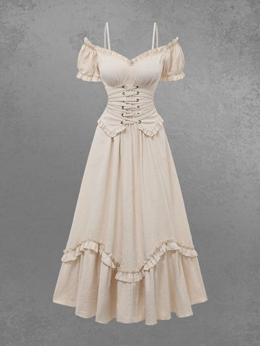 Gothic Puff Sleeves Cold Shoulder Lace Up Solid Ruffles A Line Maxi Dress