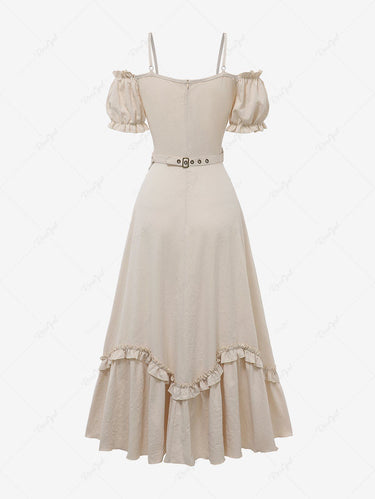 Gothic Puff Sleeves Cold Shoulder Lace Up Solid Ruffles A Line Maxi Dress