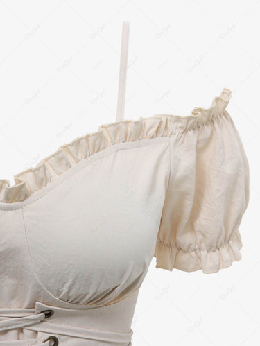 Gothic Puff Sleeves Cold Shoulder Lace Up Solid Ruffles A Line Maxi Dress