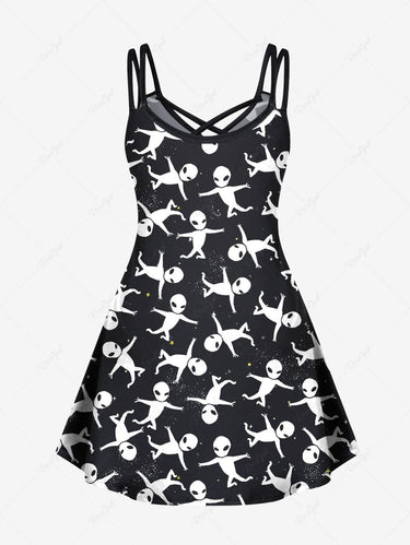 Gothic Plus Size Alien Stars Galaxy Print Crisscross A Line Cami Dress