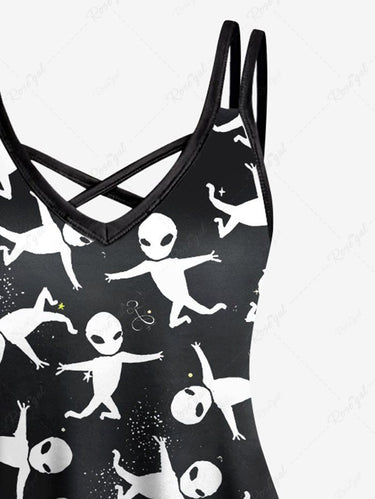 Gothic Plus Size Alien Stars Galaxy Print Crisscross A Line Cami Dress
