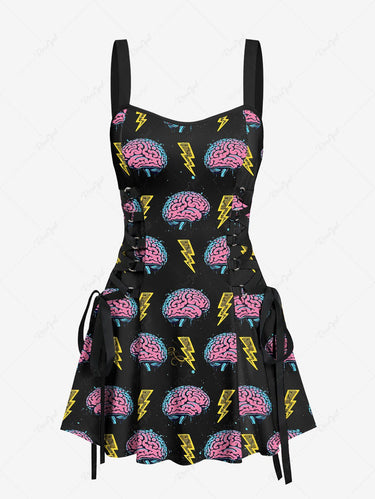 Gothic Brain Lightning Print Lace Up A Line Tank Dress