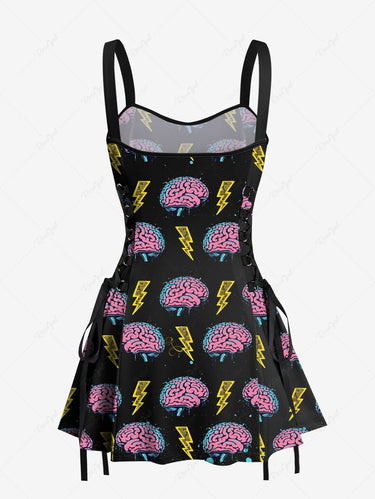 Gothic Brain Lightning Print Lace Up A Line Tank Dress