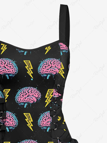 Gothic Brain Lightning Print Lace Up A Line Tank Dress