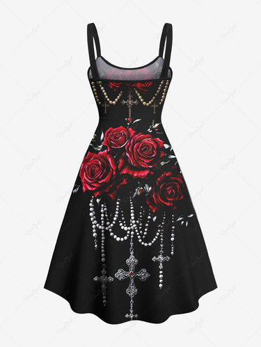 Gothic Plus Size Rose Flower Beading Chain Cross Print A Line Tank Dress