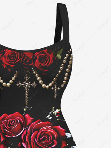Gothic Plus Size Rose Flower Beading Chain Cross Print A Line Tank Dress