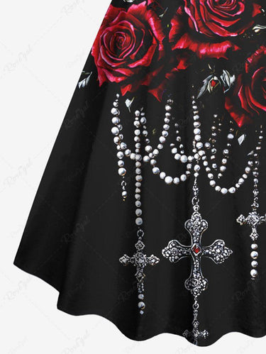 Gothic Plus Size Rose Flower Beading Chain Cross Print A Line Tank Dress