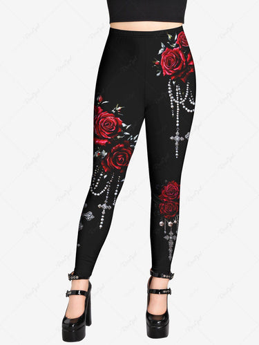 Gothic Plus Size Rose Flower Beading Chain Cross Print Skinny Leggings