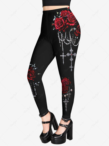 Gothic Plus Size Rose Flower Beading Chain Cross Print Skinny Leggings