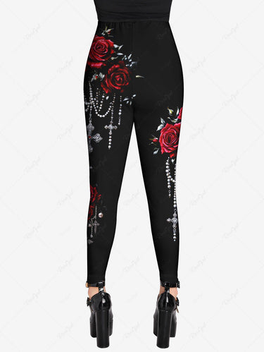 Gothic Plus Size Rose Flower Beading Chain Cross Print Skinny Leggings