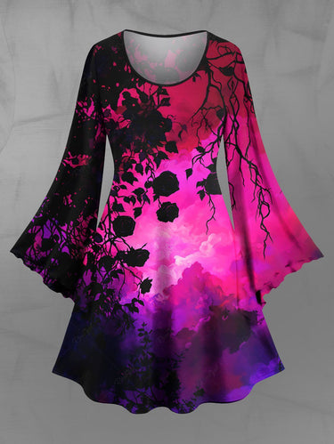 Gothic Plus Size Rose Flower Branch Ombre Print Flare Sleeves A Line Dress