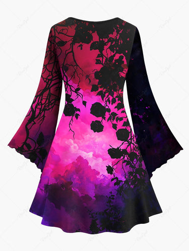 Gothic Plus Size Rose Flower Branch Ombre Print Flare Sleeves A Line Dress