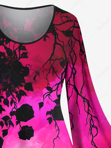 Gothic Plus Size Rose Flower Branch Ombre Print Flare Sleeves A Line Dress