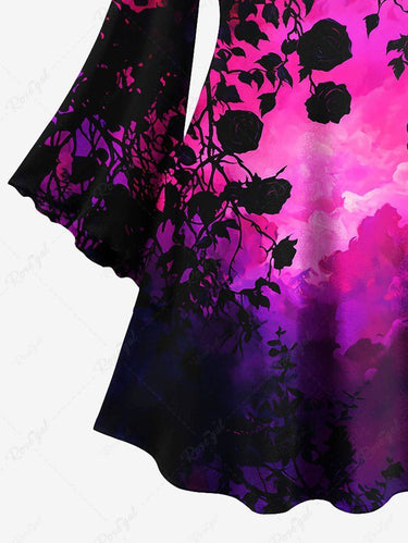 Gothic Plus Size Rose Flower Branch Ombre Print Flare Sleeves A Line Dress