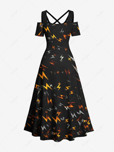 Gothic Plus Size Ombre Lightning Print Crisscross A Line Maxi Dress