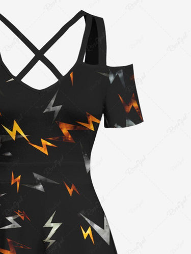 Gothic Plus Size Ombre Lightning Print Crisscross A Line Maxi Dress