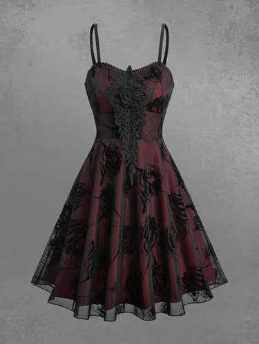 Gothic Rose Flower Mesh Flocking Applique Layered A Line Dress(Adjustable Shoulder Strap)