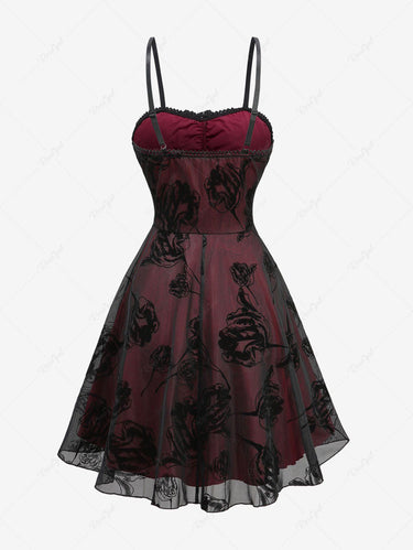 Gothic Rose Flower Mesh Flocking Applique Layered A Line Dress(Adjustable Shoulder Strap)