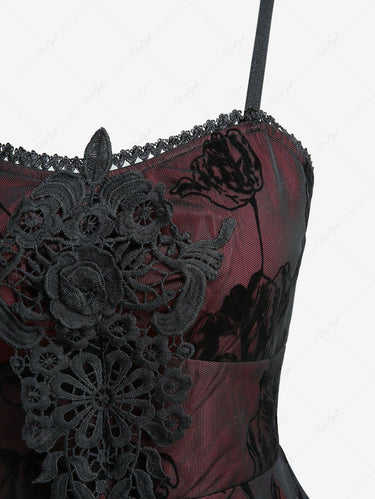 Gothic Rose Flower Mesh Flocking Applique Layered A Line Dress(Adjustable Shoulder Strap)