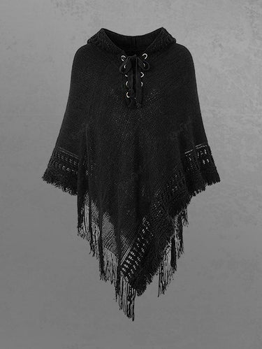 Gothic Crochet Hollow Out Tassel Lace Up Hooded Asymmetric Solid Cape Cloak