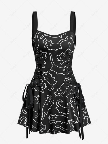 Gothic Cat Print Lace Up A Line Tank Dress