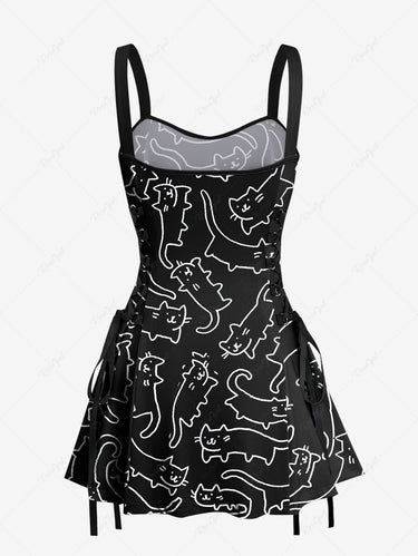 Gothic Cat Print Lace Up A Line Tank Dress