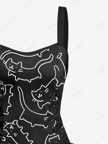 Gothic Cat Print Lace Up A Line Tank Dress