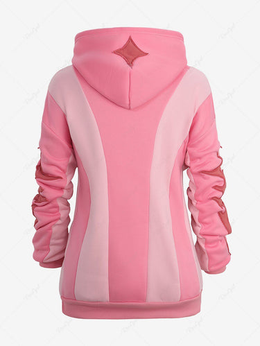 Gothic Applique Colorblock Patchwork Pocket Drawstring Pullover Long Sleeve Fleece Lining Hoodie