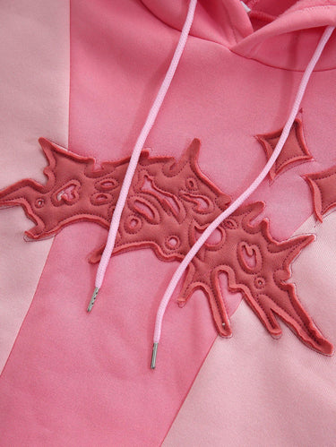 Gothic Applique Colorblock Patchwork Pocket Drawstring Pullover Long Sleeve Fleece Lining Hoodie