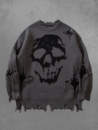 Gothic Skull Print Ripped Long Sleeves Pullover Sweater