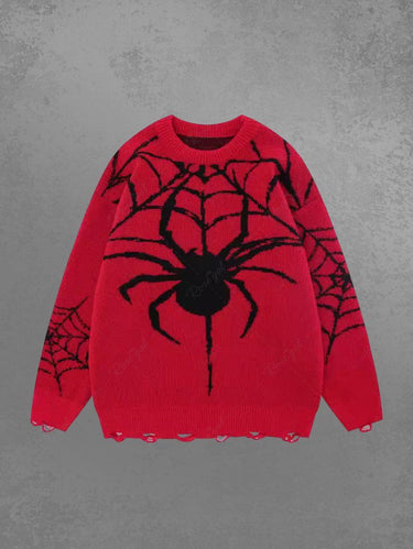 Gothic Spider Web Graphic Crochet Ripped Pullover Long Sleeve Knit Sweater