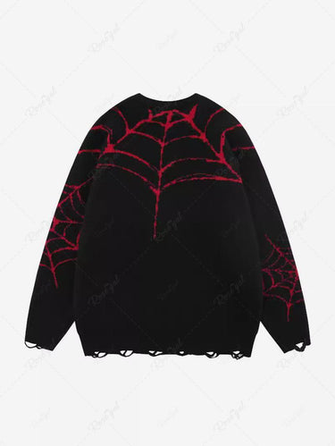 Gothic Spider Web Graphic Crochet Ripped Pullover Long Sleeve Knit Sweater