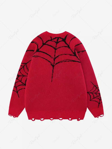 Gothic Spider Web Graphic Crochet Ripped Pullover Long Sleeve Knit Sweater