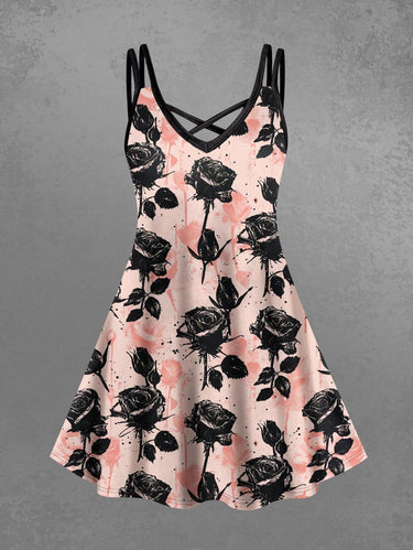 Gothic Plus Size Ink Painting Rose Flower Leaf Print Crisscross A Line Cami Dress