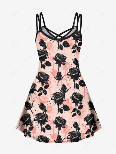 Gothic Plus Size Ink Painting Rose Flower Leaf Print Crisscross A Line Cami Dress