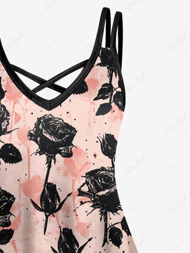 Gothic Plus Size Ink Painting Rose Flower Leaf Print Crisscross A Line Cami Dress