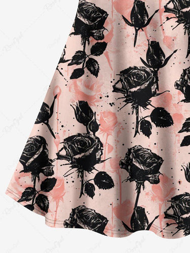 Gothic Plus Size Ink Painting Rose Flower Leaf Print Crisscross A Line Cami Dress
