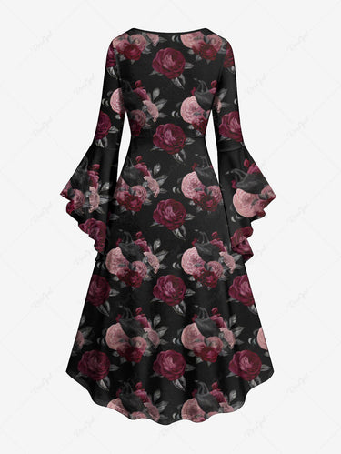 Gothic Plus Size Crow Bird Rose Flower Print Ruched High Low Asymmetric Dress